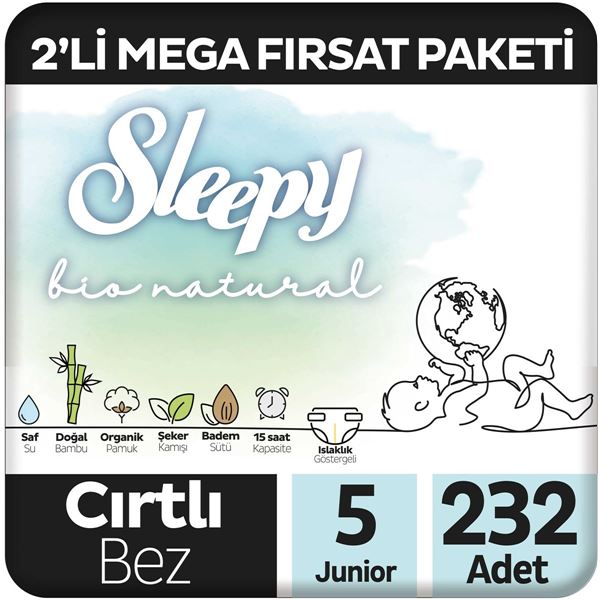 Sleepy Bio Natural 2'li Mega Fırsat Paketi Bebek Bezi 5 Numara Junior 232 Adet