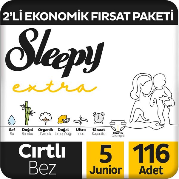 Sleepy Extra Günlük Aktivite 2'li Ekonomik Fırsat Paketi Bebek Bezi 5 Numara Junior 116 Adet